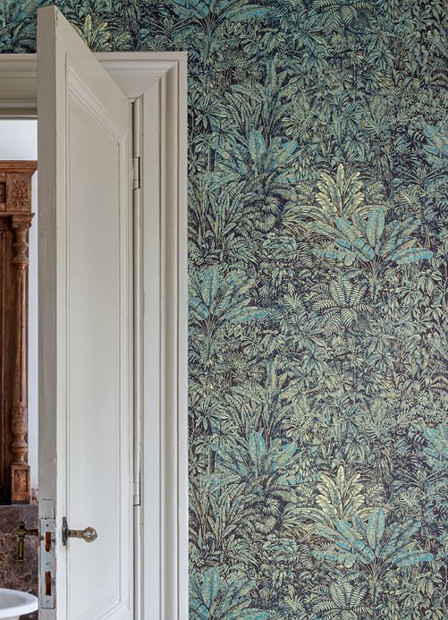 Papel pintado botánico Papel pintado Tropicalia azul turquesa Ver habitación