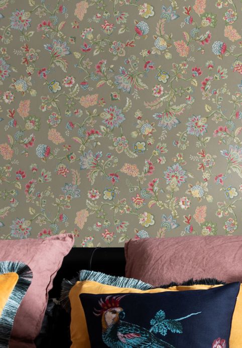 Floral Wallpaper Wallpaper Filippa olive grey Room View