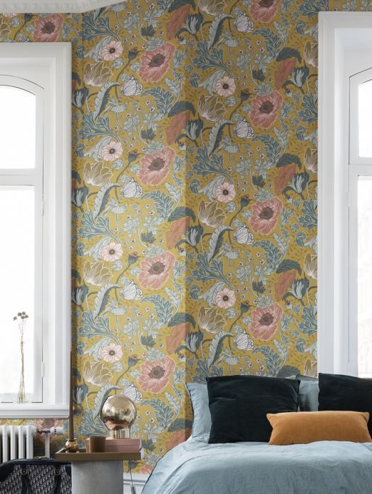 Floral Wallpaper Wallpaper Soria ochre yellow Room View