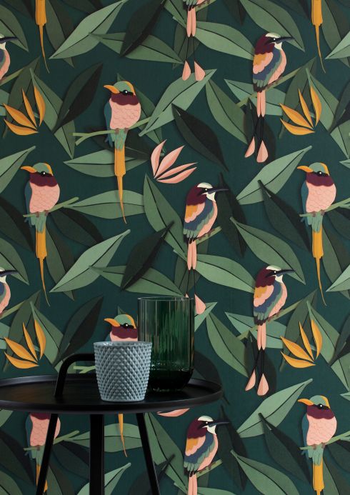 Designer Wallpaper Singing Birds shades of green Room View