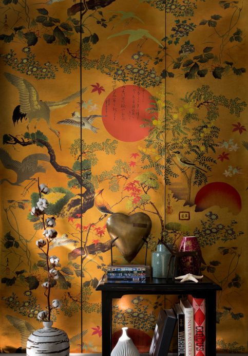Red Wallpaper Wall mural Byobu Metallic yellow gold Room View