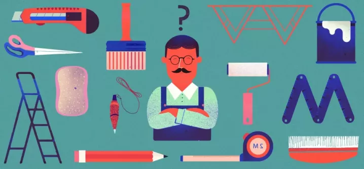 Assorted wallpapering tools and a thoughtful man illustration