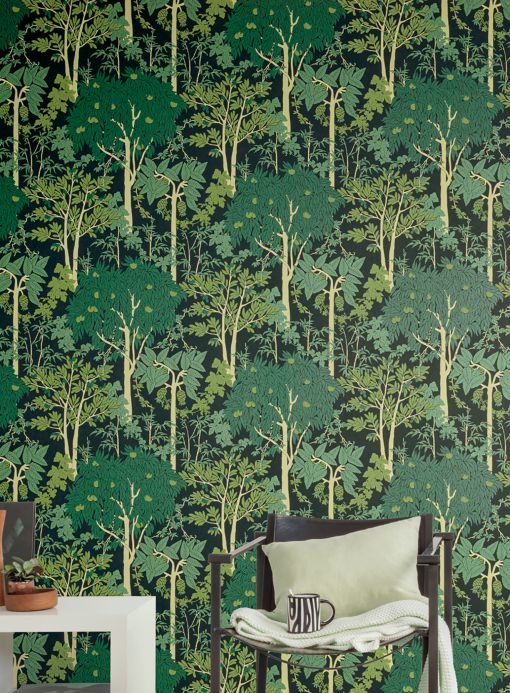 Papel pintado botánico Papel pintado Mirabelle verde oscuro Ver habitación