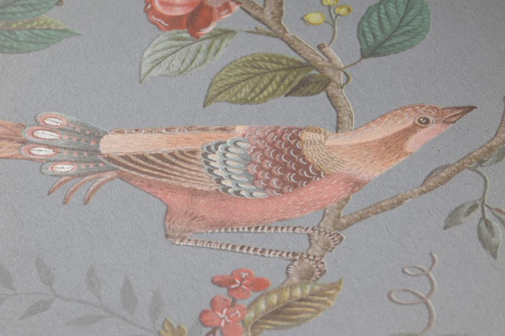 Carta da parati con uccelli Carta da parati Floribunda grigio bluastro chiaro Visuale dettaglio