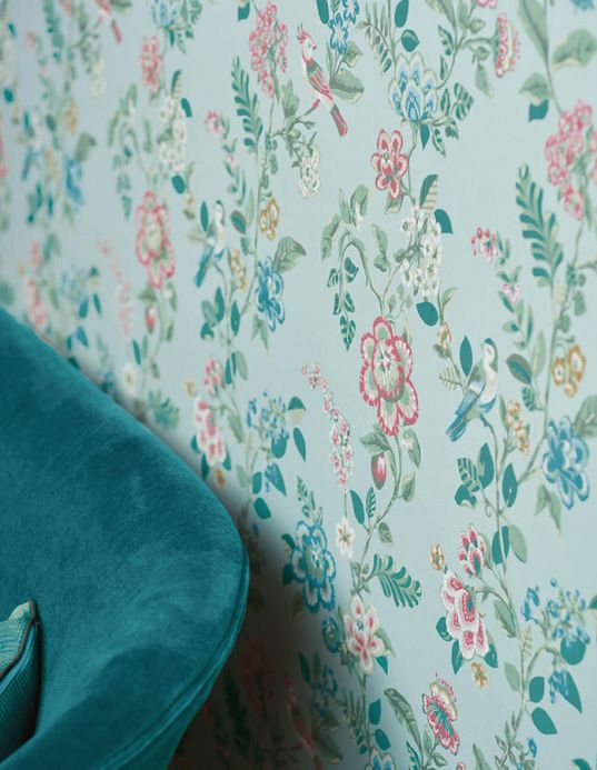 Papel pintado floral Papel pintado Miri turquesa pastel claro Ver habitación