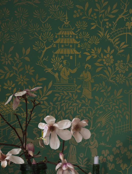 Orientalische Tapeten Tapete Zen Garden Patinagrün Raumansicht