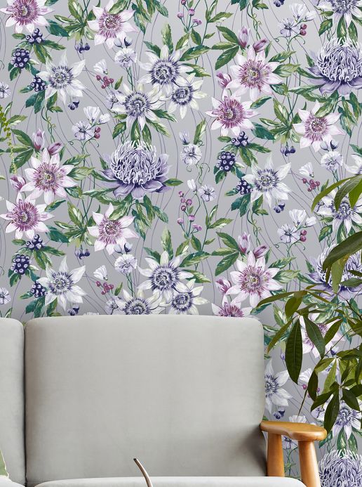 Papel de parede floral Papel de parede Zagora prata brilhante Ver ambiente