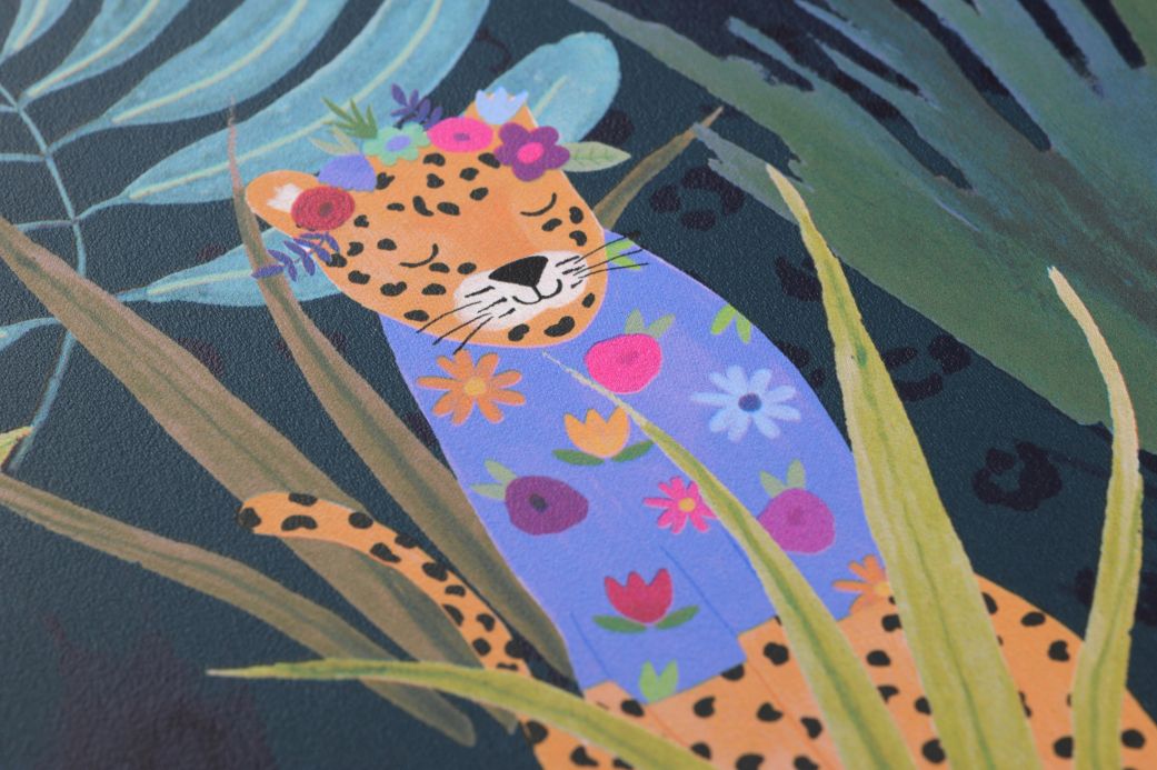 Tapeten mit Tigern und Leoparden Tapete Palmaria Blaugrün Detailansicht
