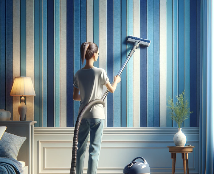 A woman using a vacuum cleaner with a soft brush attachment to clean wallpaper.