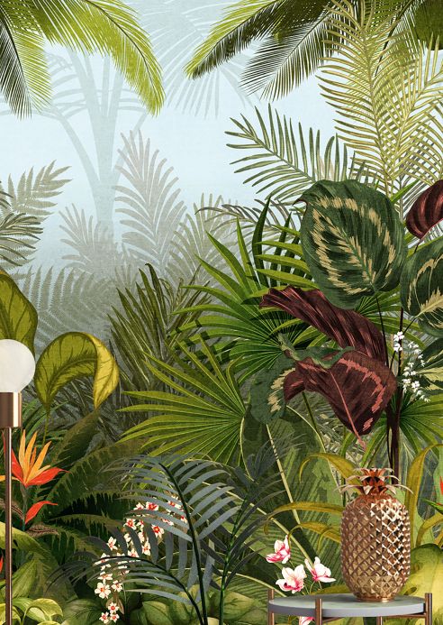 Carta da parati botanica Fotomurale Jungle Kingdom toni di verde Visuale camera