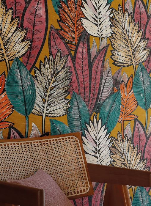Leaf and Foliage Wallpaper Wallpaper Isadora ochre yellow Room View
