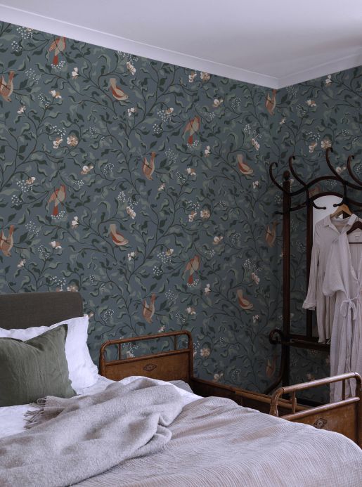 Bird Wallpaper Wallpaper Rana blue grey Room View