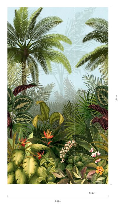 Carta da parati botanica Fotomurale Jungle Kingdom toni di verde Visuale dettaglio