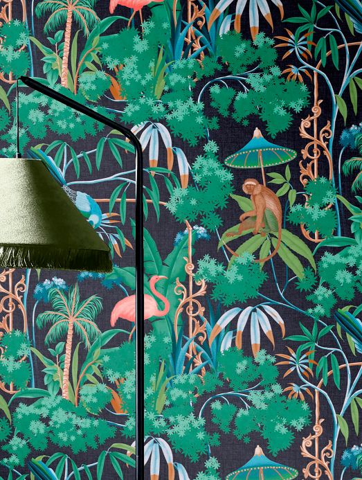 Papel pintado botánico Papel pintado Curious Jungle azul Ver habitación