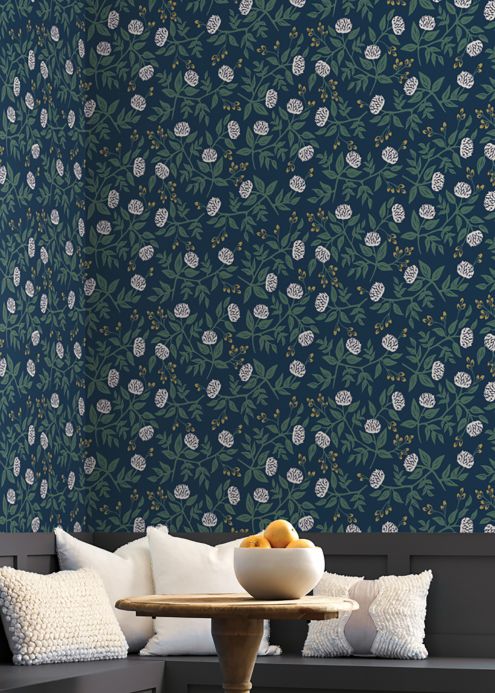 Designer Wallpaper Peonies dark blue Room View