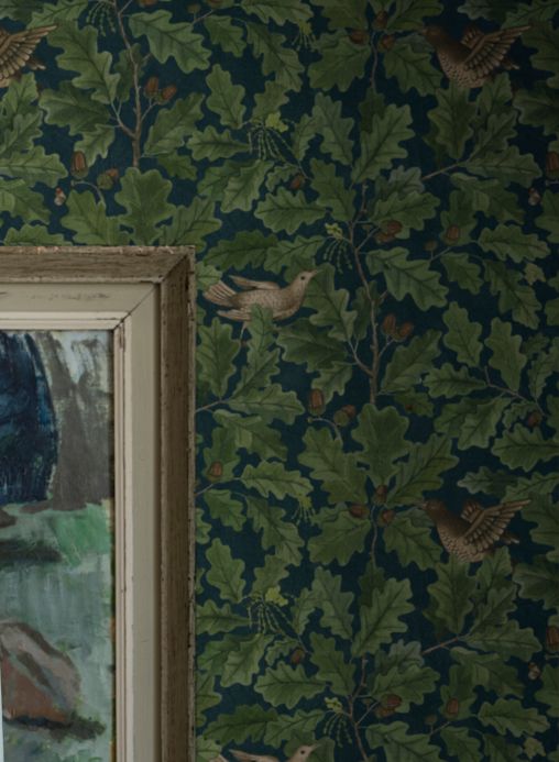 Papel pintado de hojas y follaje Papel pintado In the Oak verde azulado Ver habitación