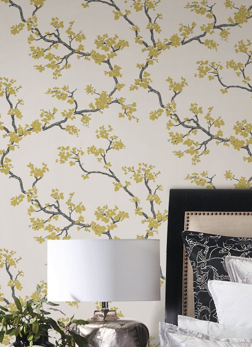 Papel pintado botánico Papel pintado Sakura oro brillante Ver habitación