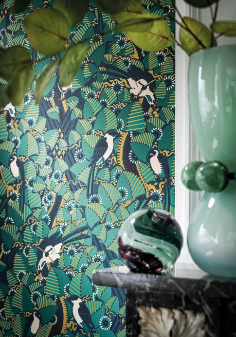 Bird Wallpaper Wallpaper Dorothy turquoise green Room View