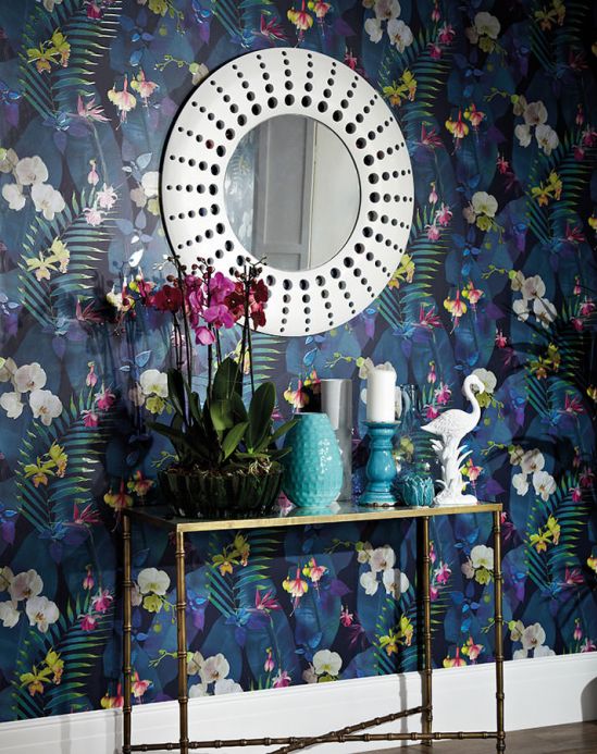 Papel de parede floral Papel de parede Zoe preto azulado Ver quarto