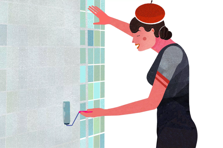 Illustration of a woman wallpapering over tiles