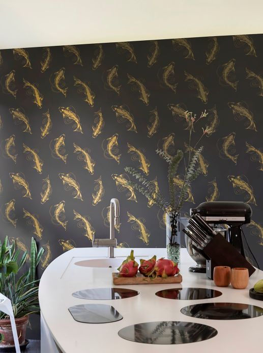Animal Wallpaper Wallpaper Dancing Koi gold shimmer Room View