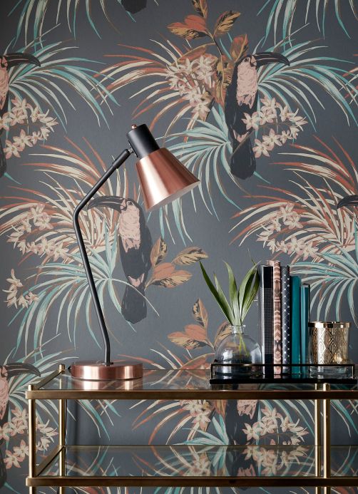 Brown Wallpaper Wallpaper Toucan Jungle dark grey Room View