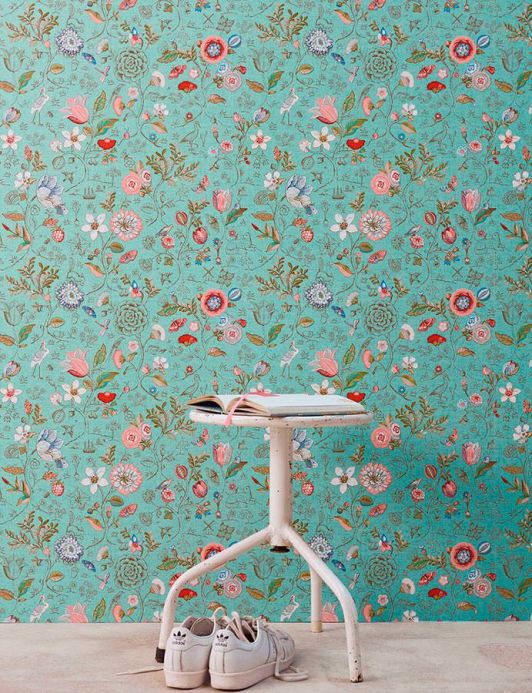 Papel pintado floral Papel pintado Carline turquesa menta claro Ver habitación