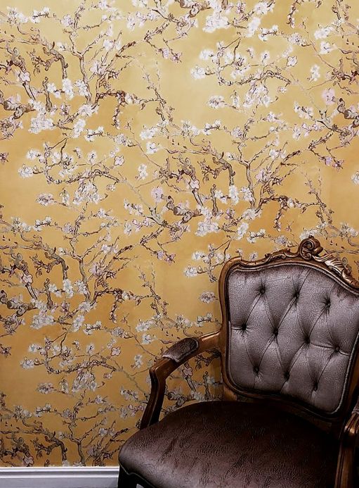 Bedroom Wallpaper Wallpaper VanGogh Blossom ochre yellow Room View