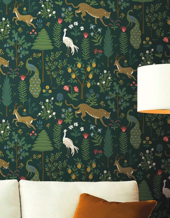 Rifle Paper Wallpaper Wallpaper Menagerie fir tree green Room View
