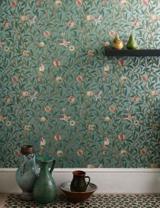 Papel de parede William Morris Papel de parede Jakobine turquesa pastel pérola lustre Ver quarto