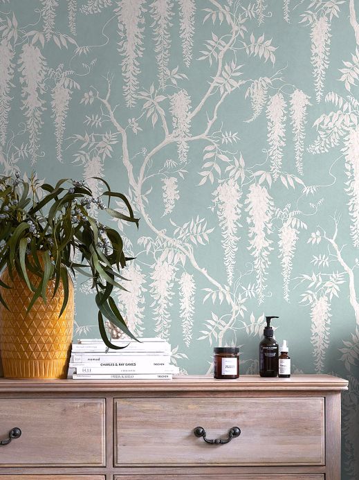 Papel de parede folhas e frondes Papel de parede Brahea turquesa pastel claro Ver ambiente