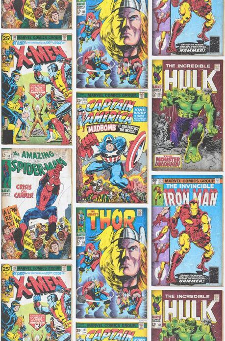 Papier peint Papier peint 1960s Marvel Heroes jaune Largeur de lé