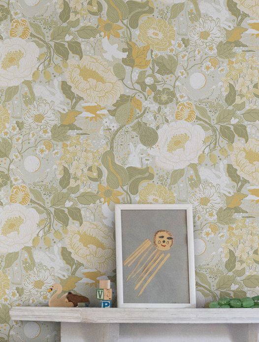 Floral Wallpaper Wallpaper Annika olive green Room View