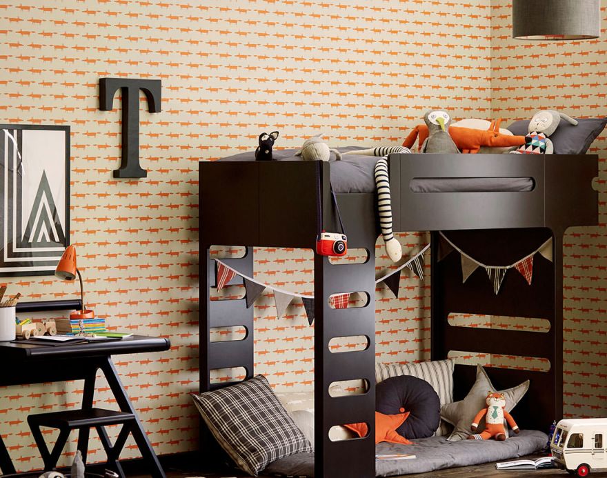 Beige Wallpaper Wallpaper Kids Foxes red orange Room View