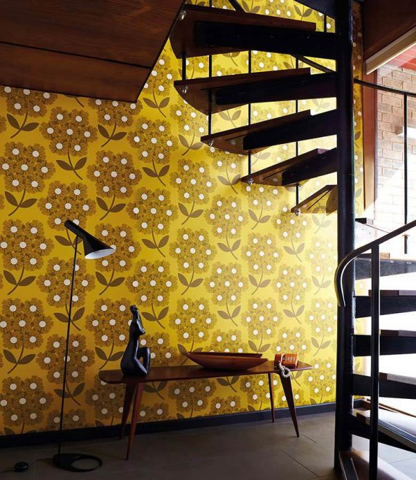 Papel pintado original Papel pintado Ostara amarillo arena Ver habitación