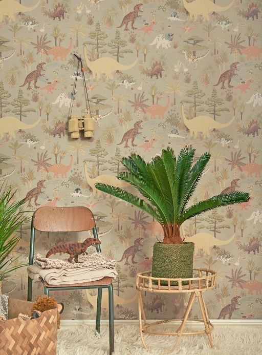 Majvillan Wallpaper Wallpaper Dinosaur Vibes light olive grey Room View