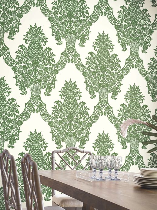 Rooms Wallpaper Pineapple Damask green Room View