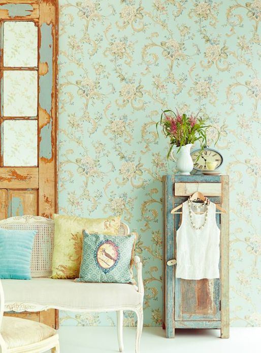 Archiv Wallpaper Aurora pale turquoise Room View