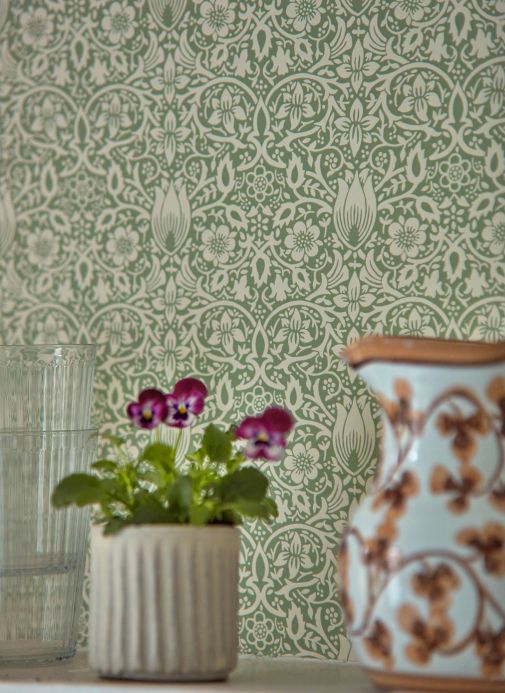 Papel de parede William Morris Papel de parede Borage verde acinzentado claro Ver ambiente