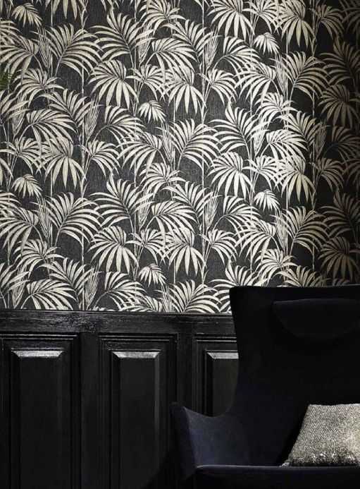 Botanical Wallpaper Wallpaper Tatanu black-grey glitter Room View