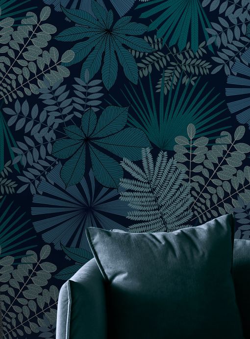 Papel de parede folhas e frondes Papel de parede Empuria verde azulado Ver ambiente