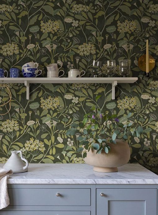 Wallpaper patterns Wallpaper Flowery grey olive Room View