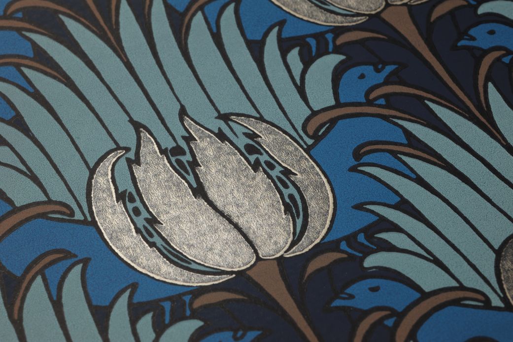 Papel de parede Art Nouveau Papel de parede Tulip and Bird azul acinzentado Ver detalhe