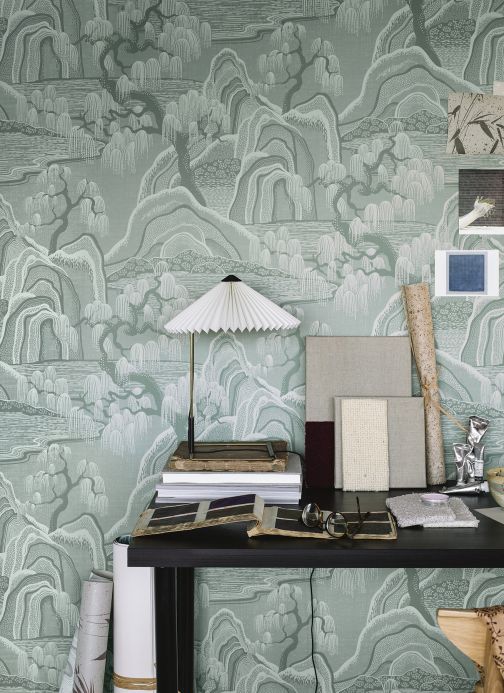 Oriental Wallpaper Wallpaper Japanese Garden light mint turquoise Room View