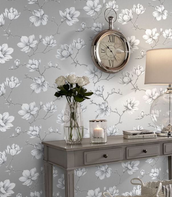 Floral Wallpaper Wallpaper Magnolia pearl light grey Room View