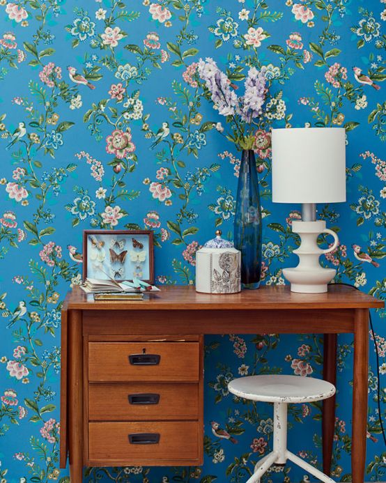 Papel pintado floral Papel pintado Miri azul Ver habitación
