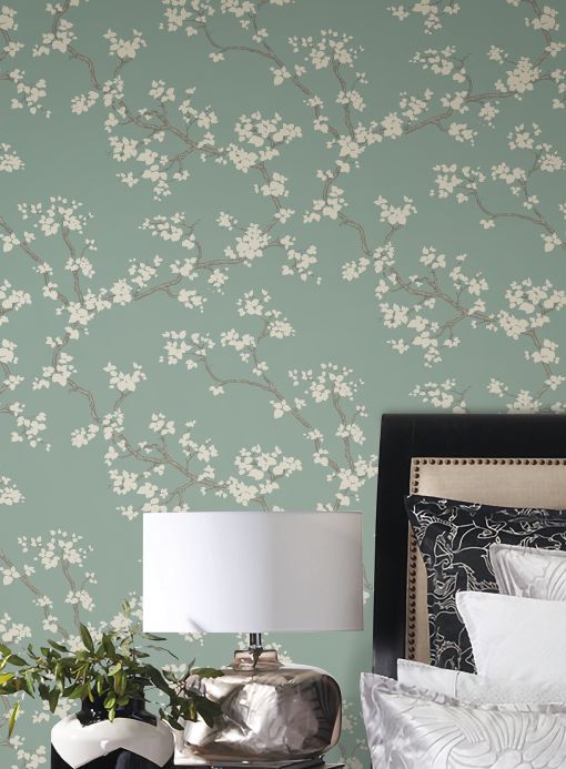 White Wallpaper Wallpaper Sakura pastel turquoise Room View