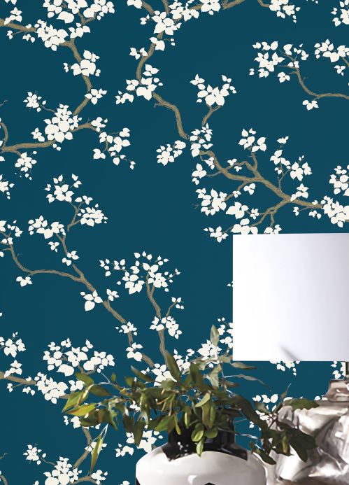Papel de parede floral Papel de parede Sakura azul esverdeado Ver ambiente