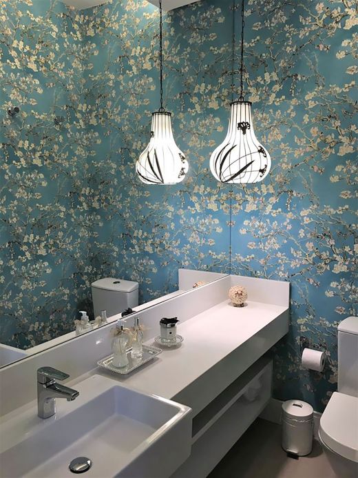 Papier peint pour la salle de bain Papier peint VanGogh Blossom turquoise Vue pièce