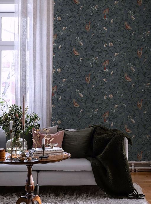 Bird Wallpaper Wallpaper Rana blue grey Room View